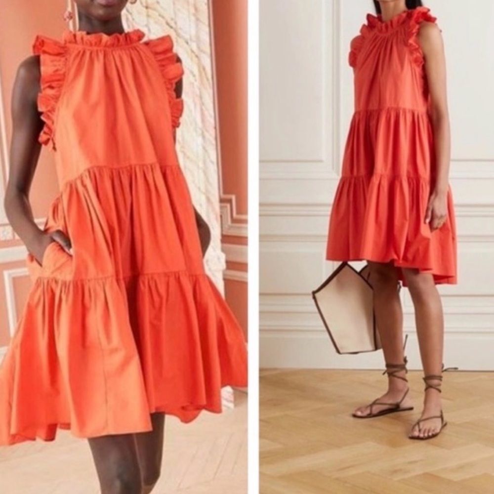 Ulla Johnson Tamsin Ruffled Tiered Cotton Mini Dress Coral Orange US 10